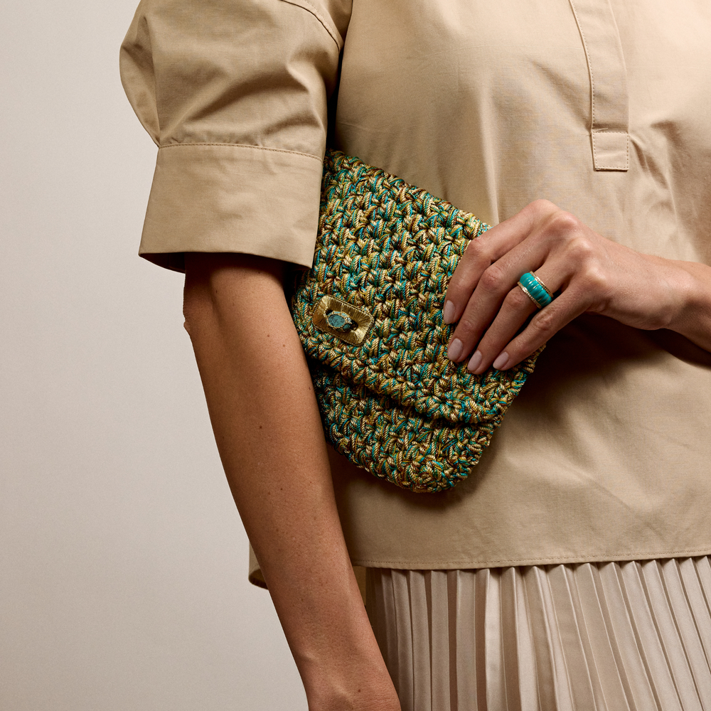 Merrichase woven clutch in turquoise and marigold 