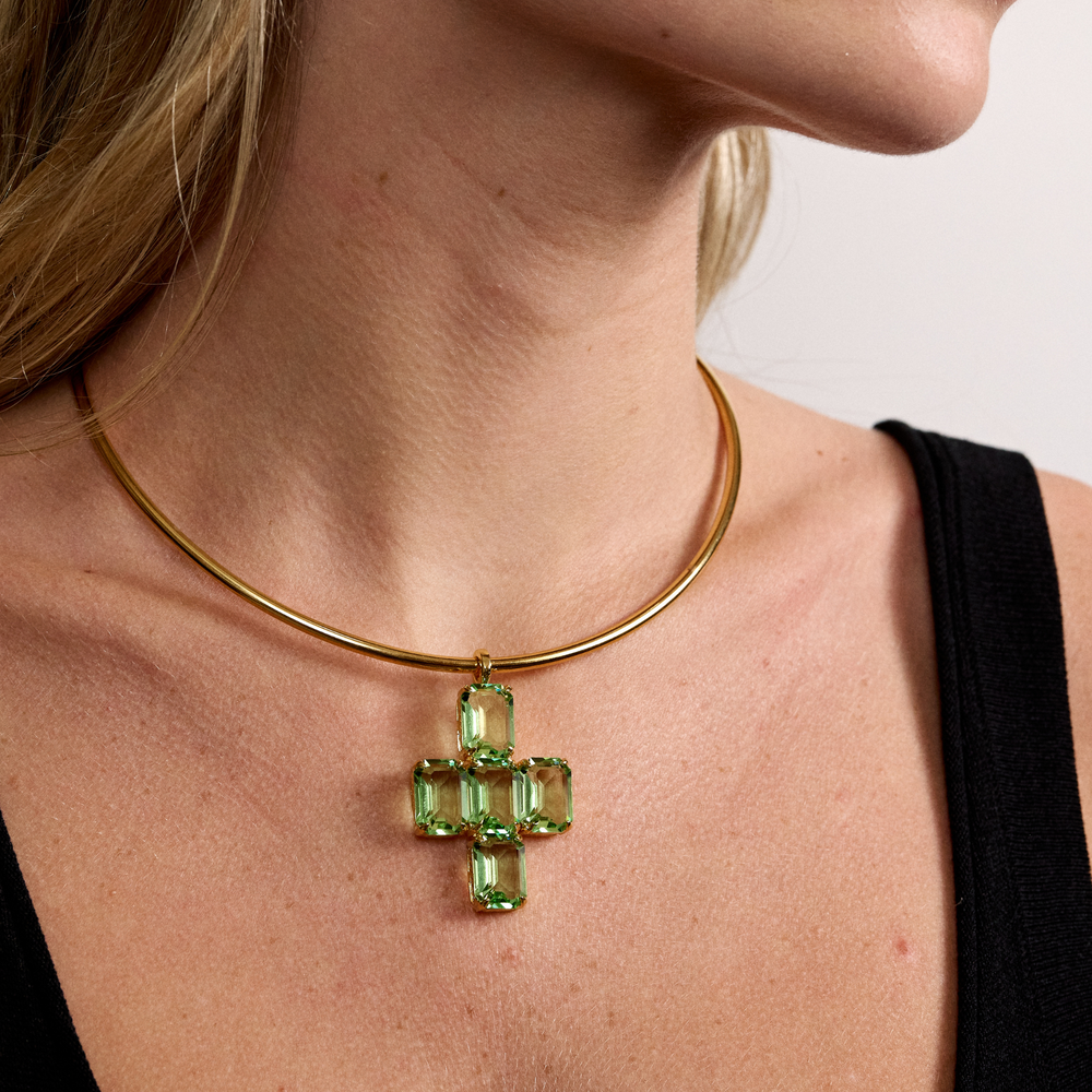 Merrichase cross pendant in peridot on model